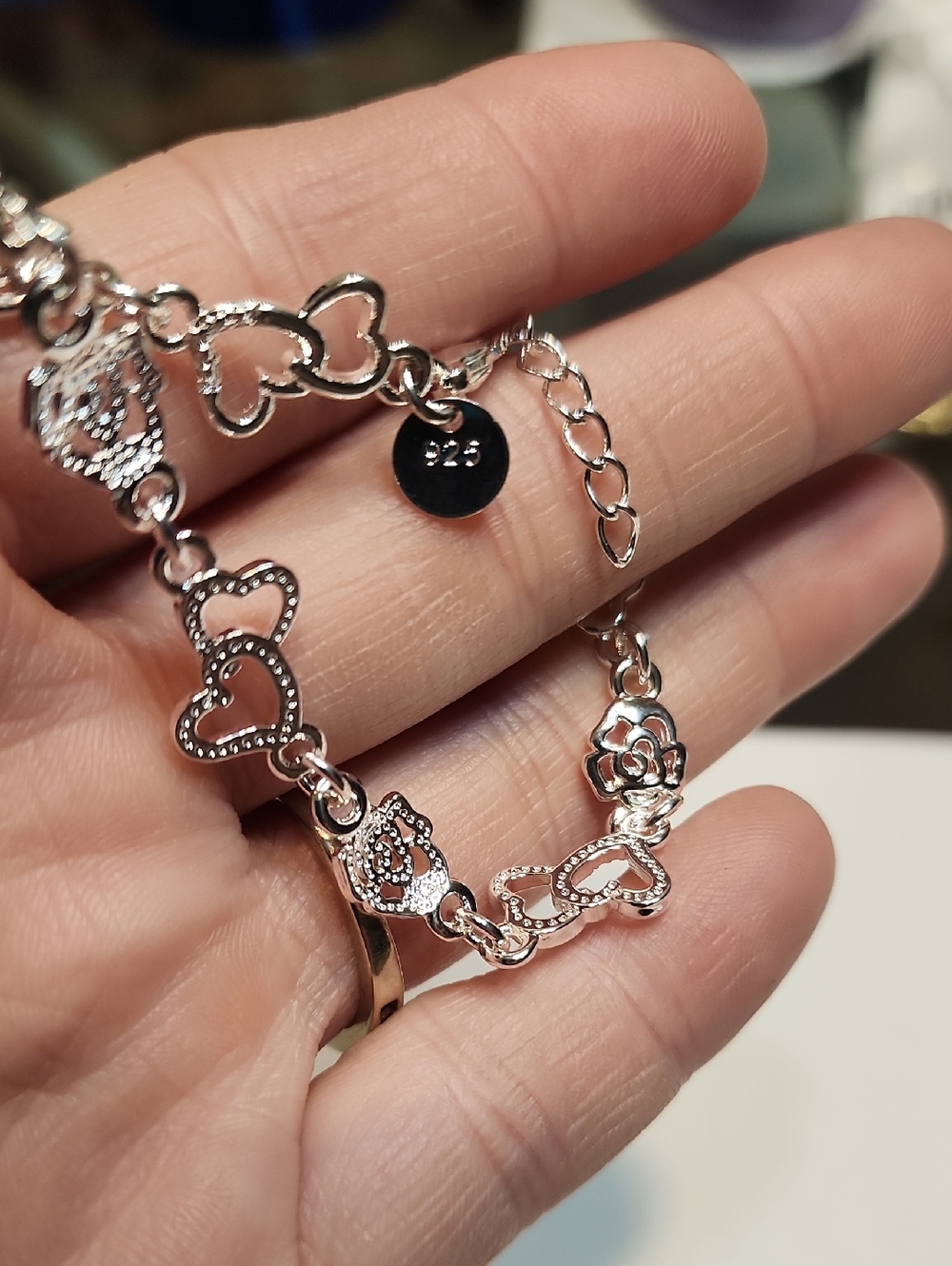 1pc 925 Sterling Silver 8in Charms Heart & Rose/flower Link Bracelet For Women. - Picture 8 of 12